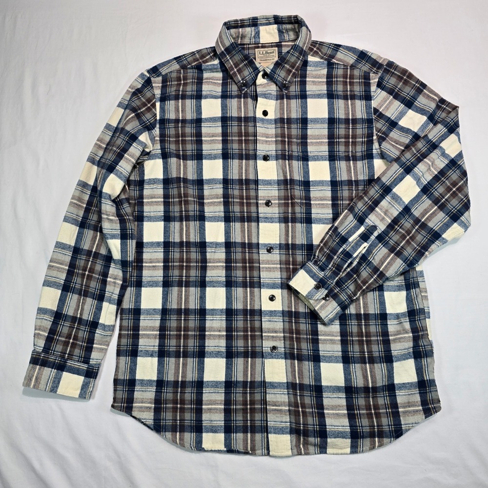 LL Bean Mens Flannel Shirt Medium Traditional‎ Fit Blue Brown Plaid 228061